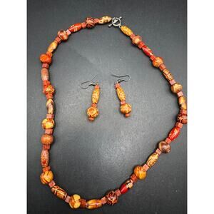 Vintage Style Boho Carved Orange Wood Beads Necklace Dangling Earrings Set